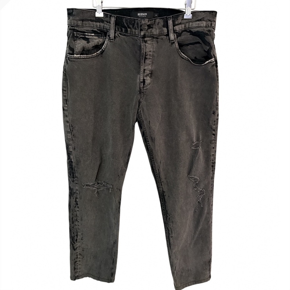 Hudson Los Angeles Mens Grey Acid Wash Distressed Splatter Slim Jeans Sz 34X29